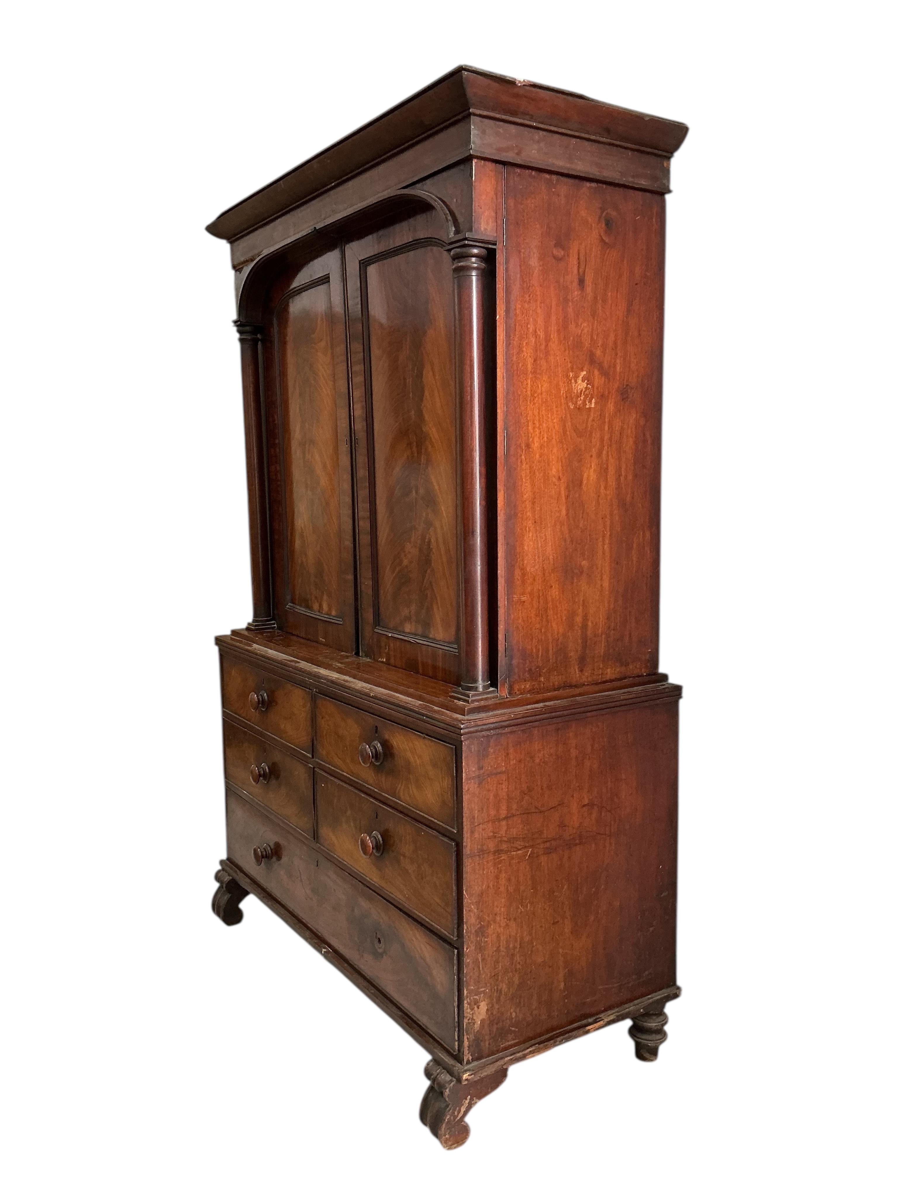 An early Victorian mahogany linen press, width 136cm, depth 62cm, height 211cm